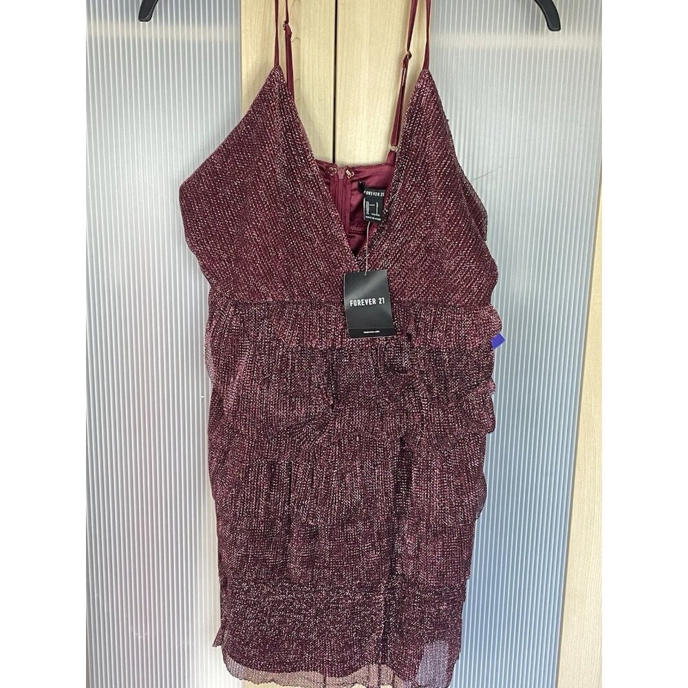 Forever 21 Shiny Red Tiered Dress‎ Womens Sz L Ruffle Spaghetti Strap Party NEW